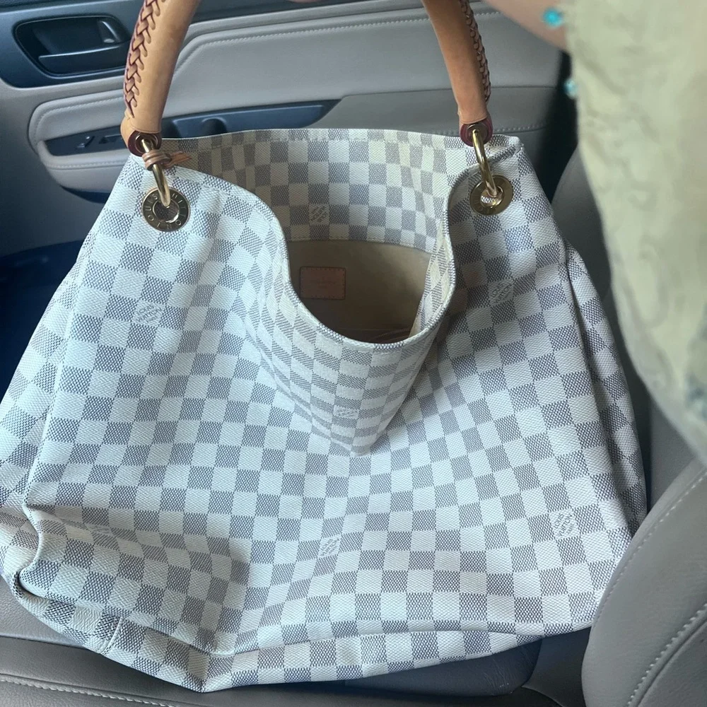 Louis Vuitton Cream Checkered Shoulder Tote with Tan Leather Handle